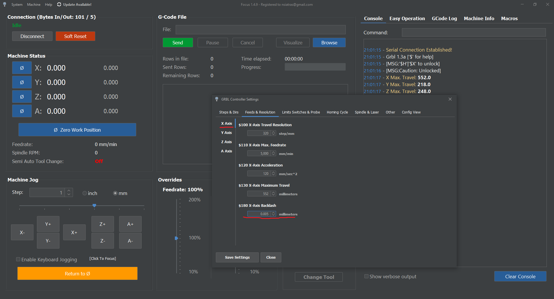A screenshot of Focus, including the Backlash Compensation settings